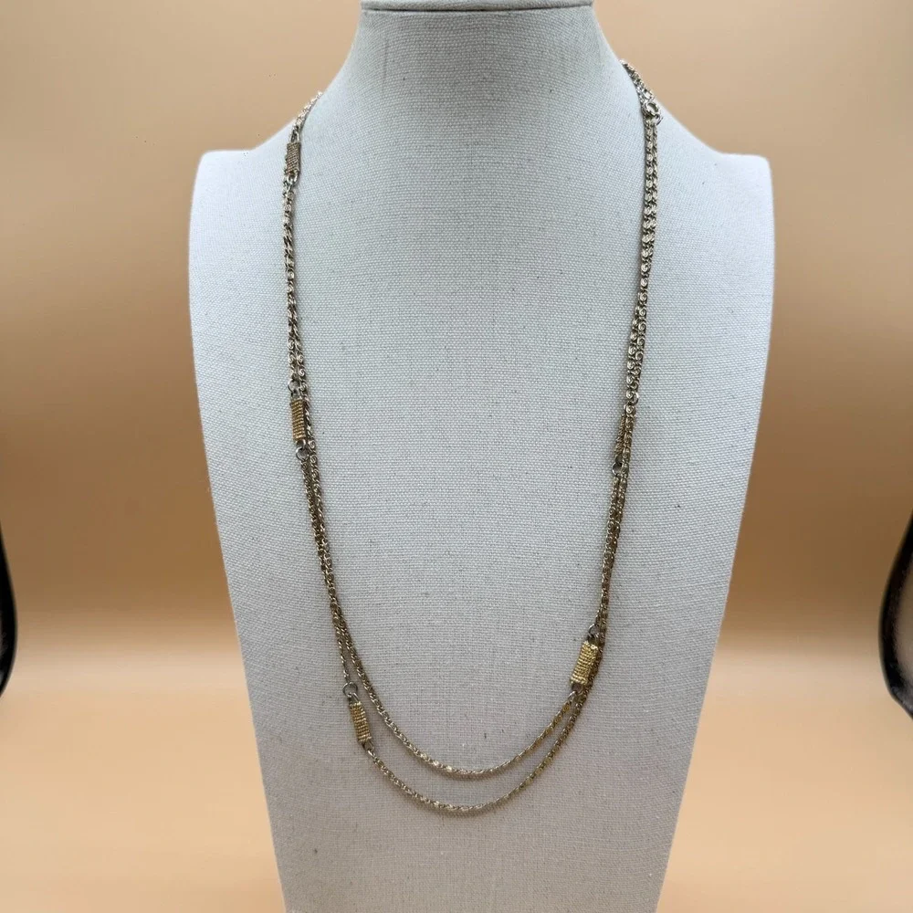 Two Tone Silver & Gold Tone Double Strand Byzantine Chain Necklace Statement